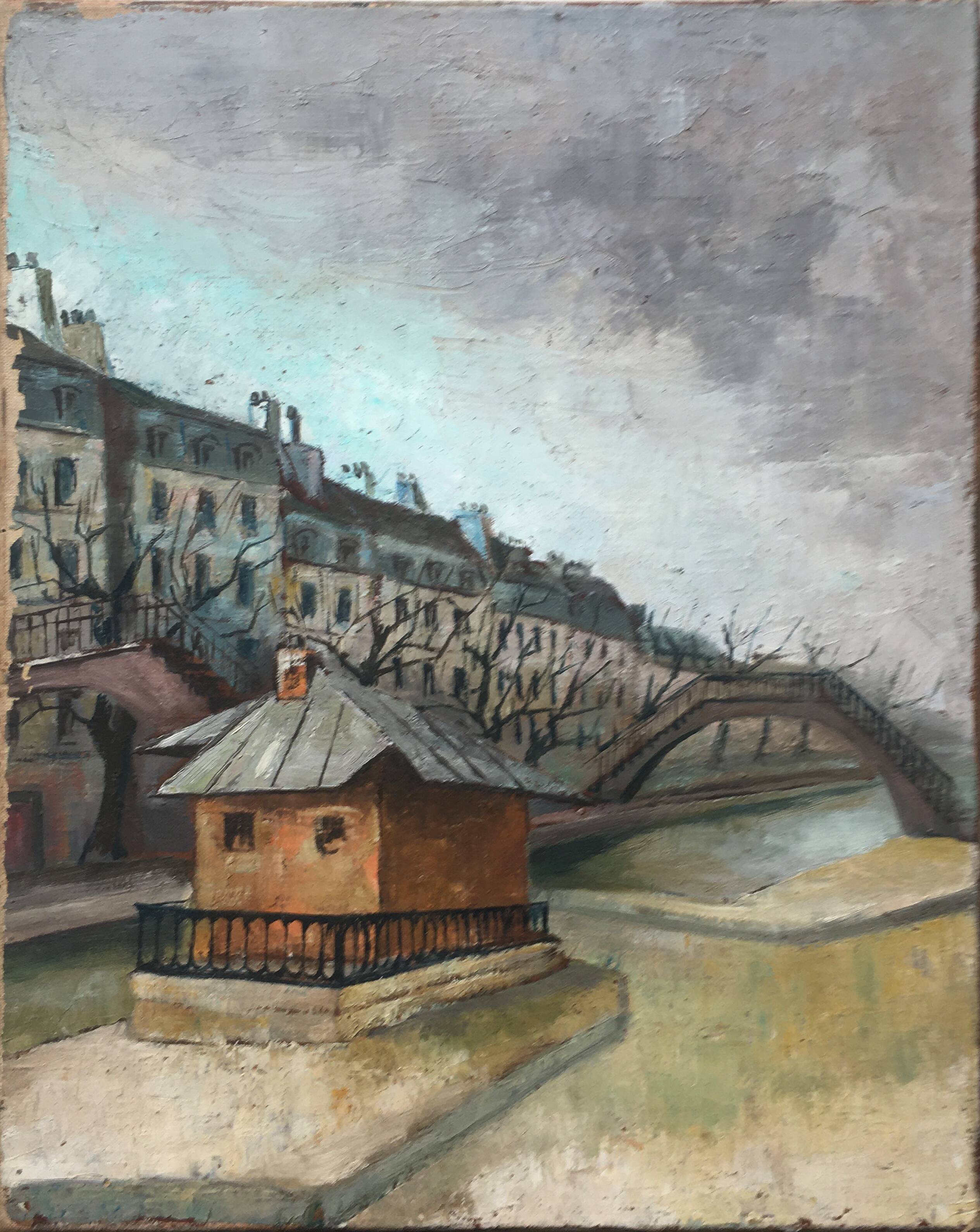 HST painting "Lock of the Canal St Martin" Paris around 1950 - Ecole de Paris