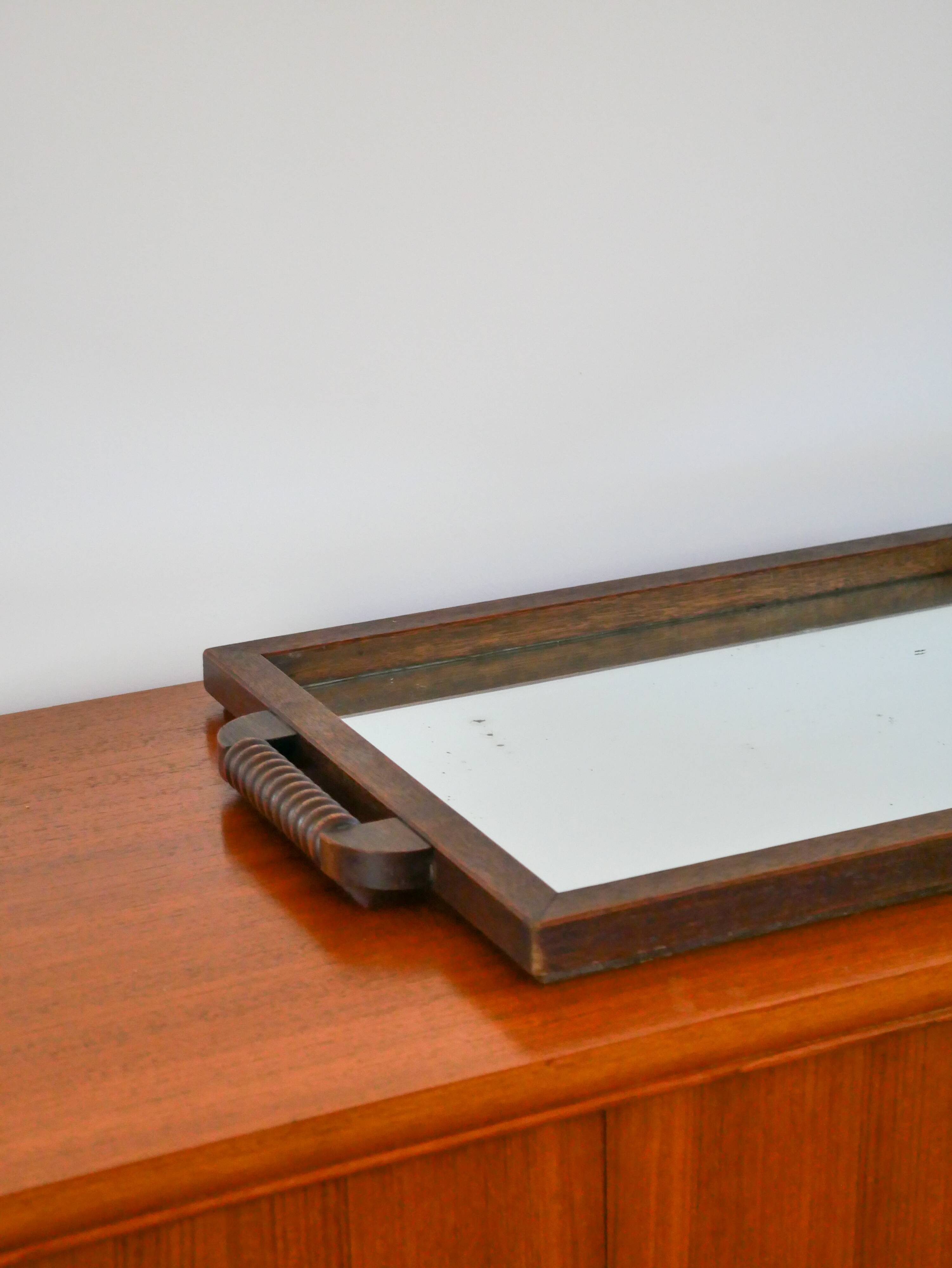 Large wooden mirror tray, turned wooden handles, 1940