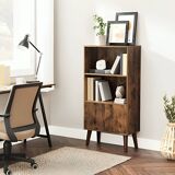 Mid-Century Modern Bookcase with Doors and Storage Cabinet, Rustic Brown