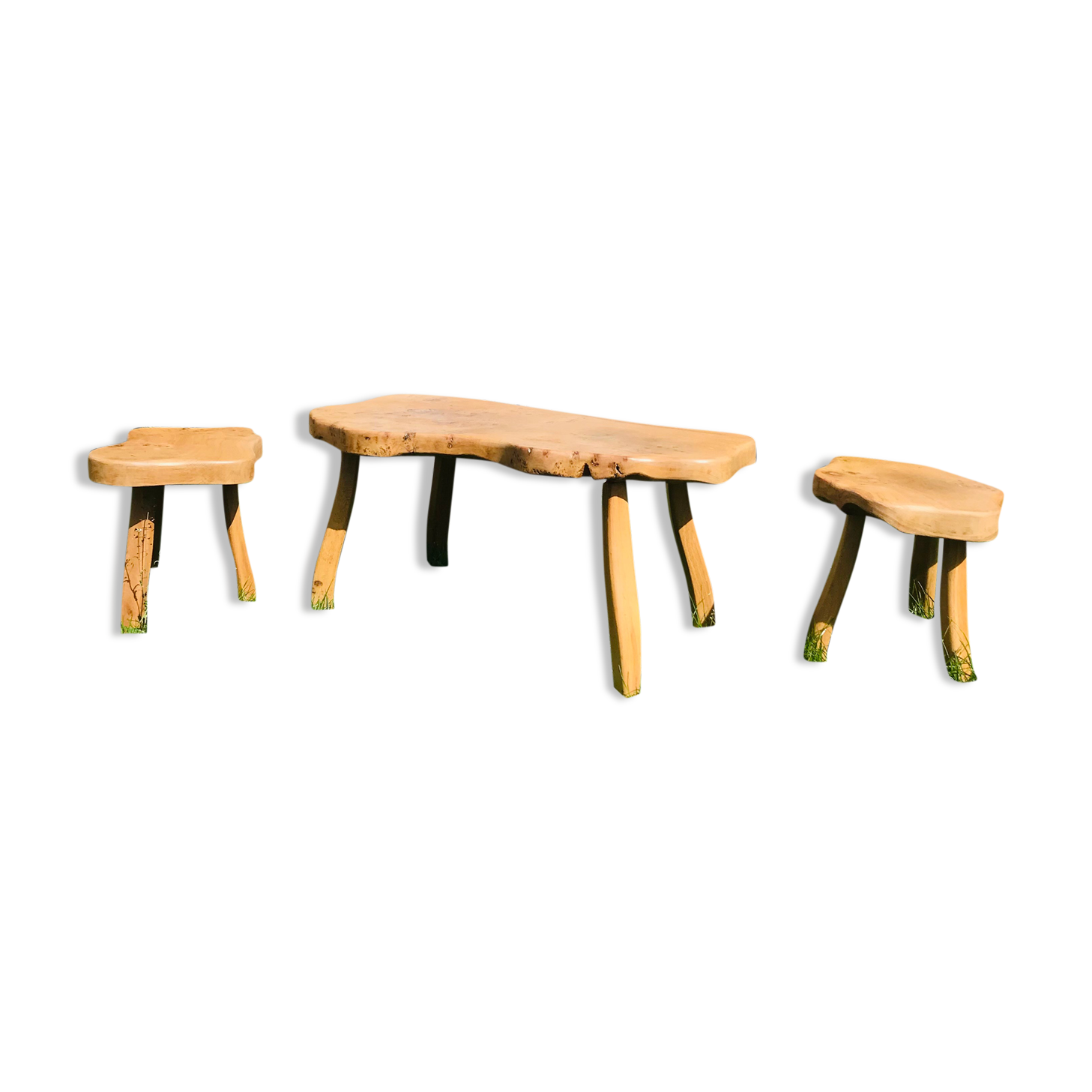 Vintage brutalist coffee table 70 and its 2 stools