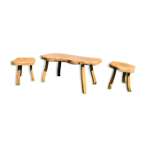 Table basse brutaliste vintage 70 et ses 2 tabourets