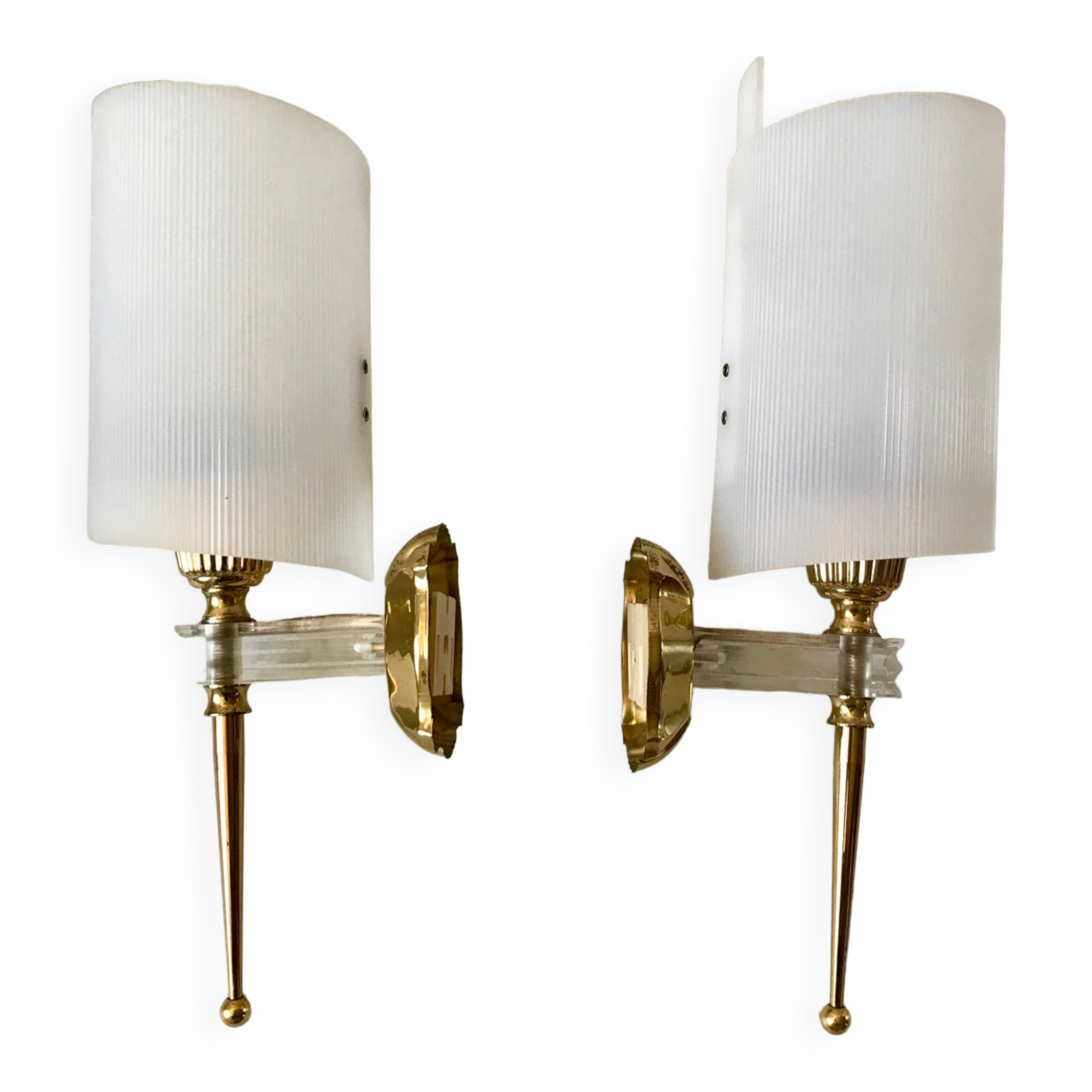 Pair of gold steel wall lamps, plexi and pleated plastic shades 60s-70s