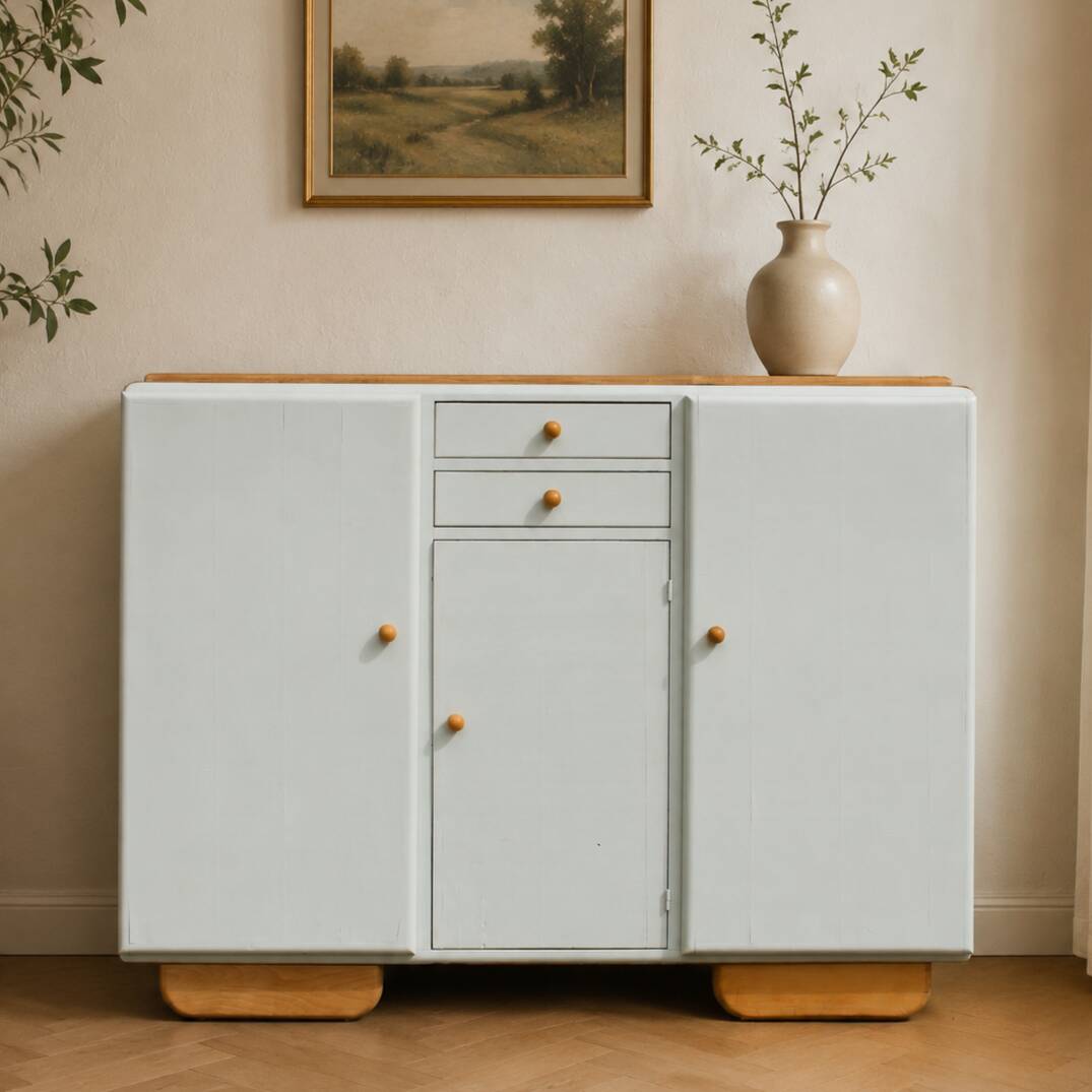 Renovated vintage buffet in Mado style – Celadon Libéron and natural wood – 13
