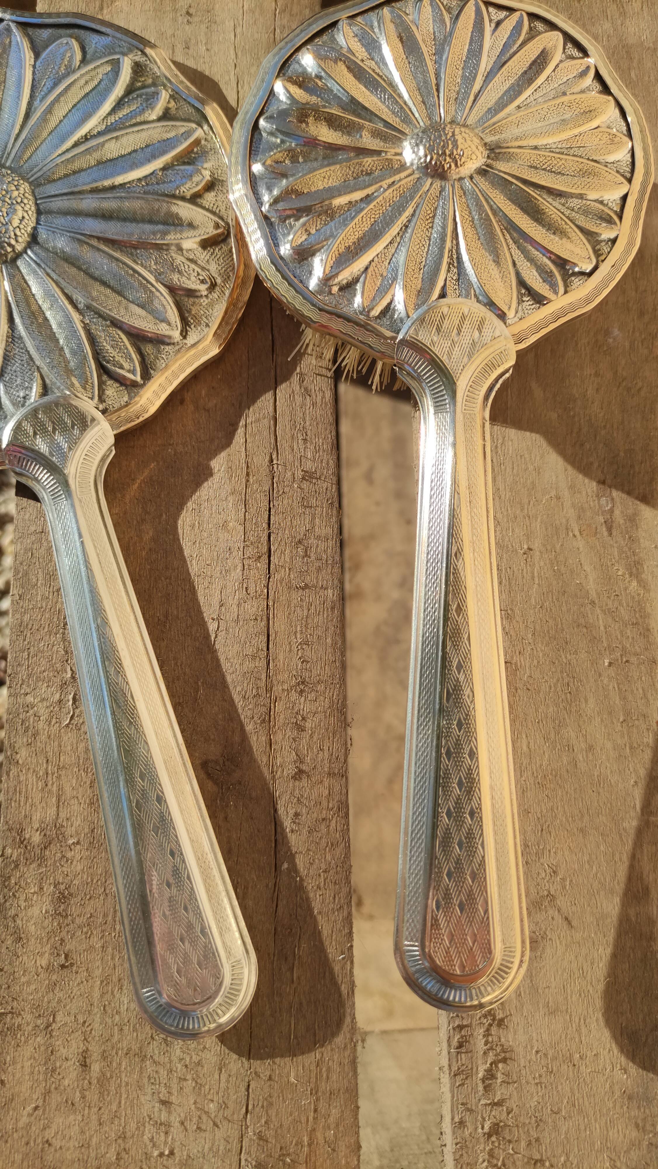 Vintage hand mirror set and silver metal brush