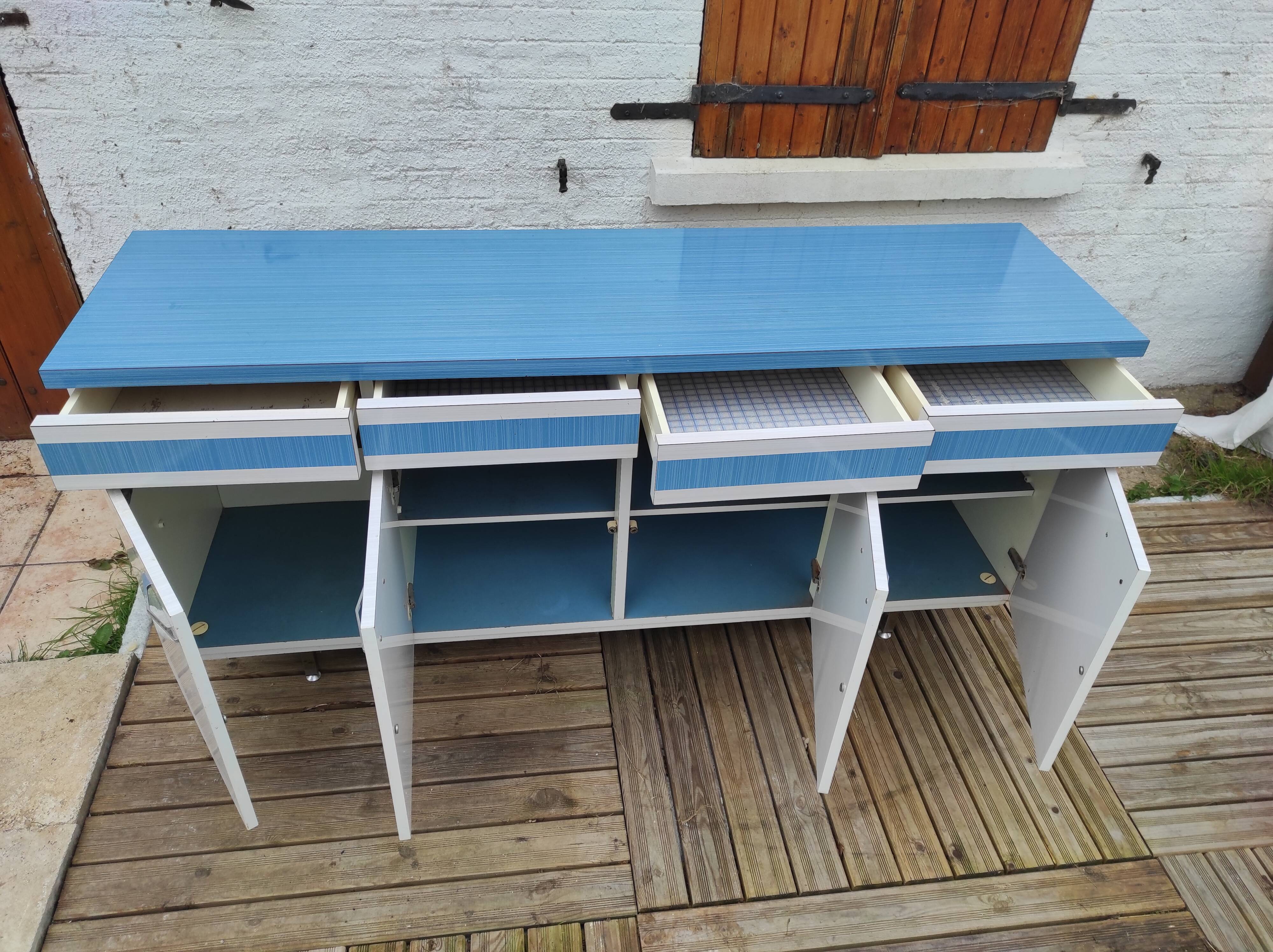 Kitchen cabinet in blue formica 4 doors 4 drawers