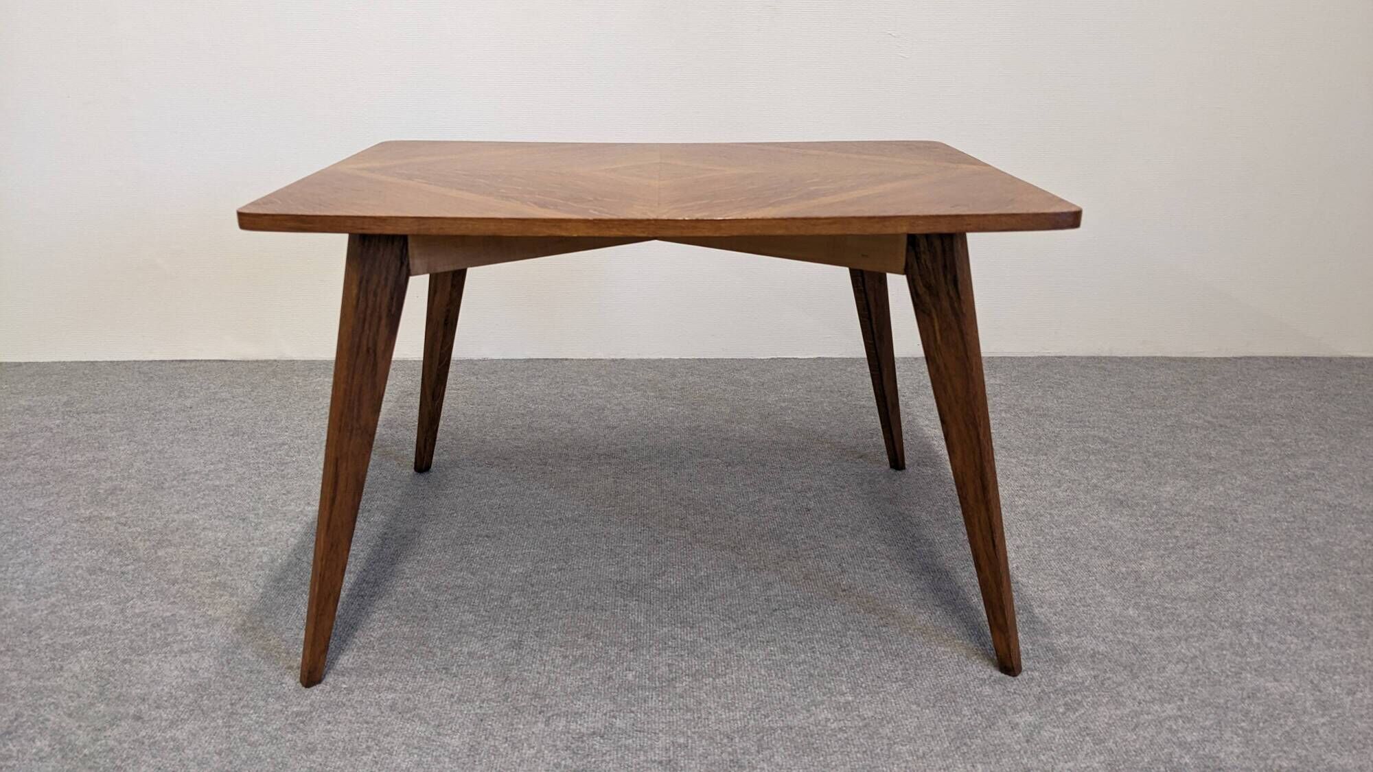 Modernist coffee or side table in oak marquetry, France 1960.