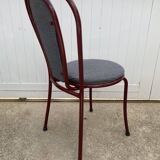 Metallic burgundy bistro chair for restaurants and communities with gray fabric