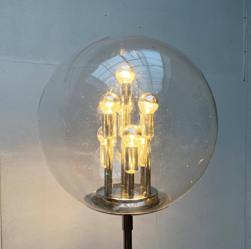 Spherical chrome and glass planetary floor lamp from the mid-century German space age by Doria Leuchten, 1960s.