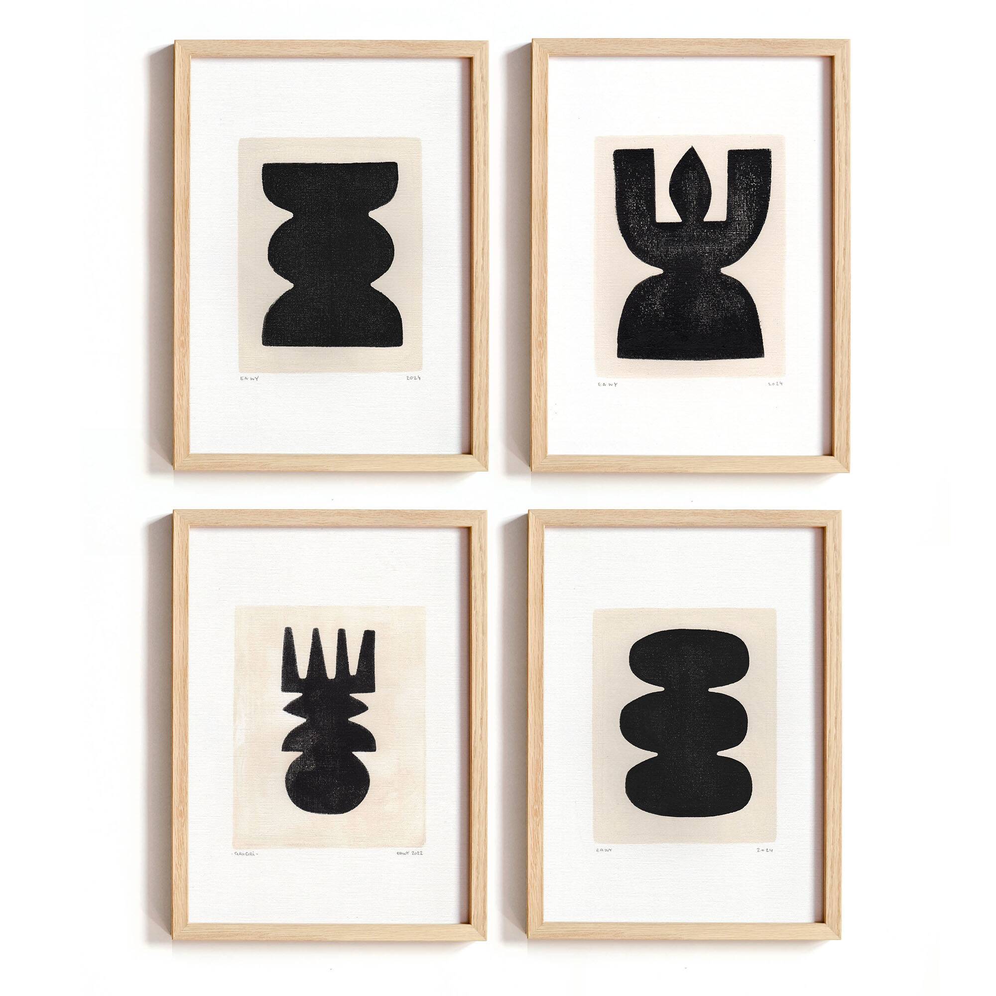 Collection of 4 paintings on paper - abstract paintings signed Eawy