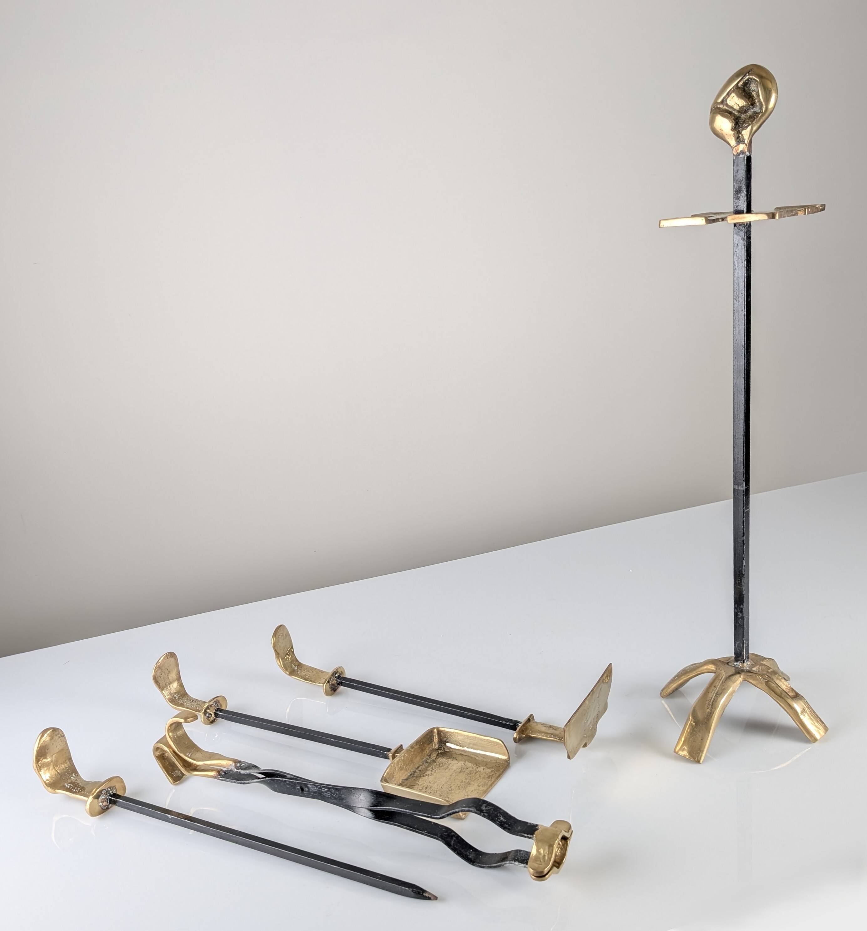 Brutalist iron and brass fireplace set by David Marshall, 1970s