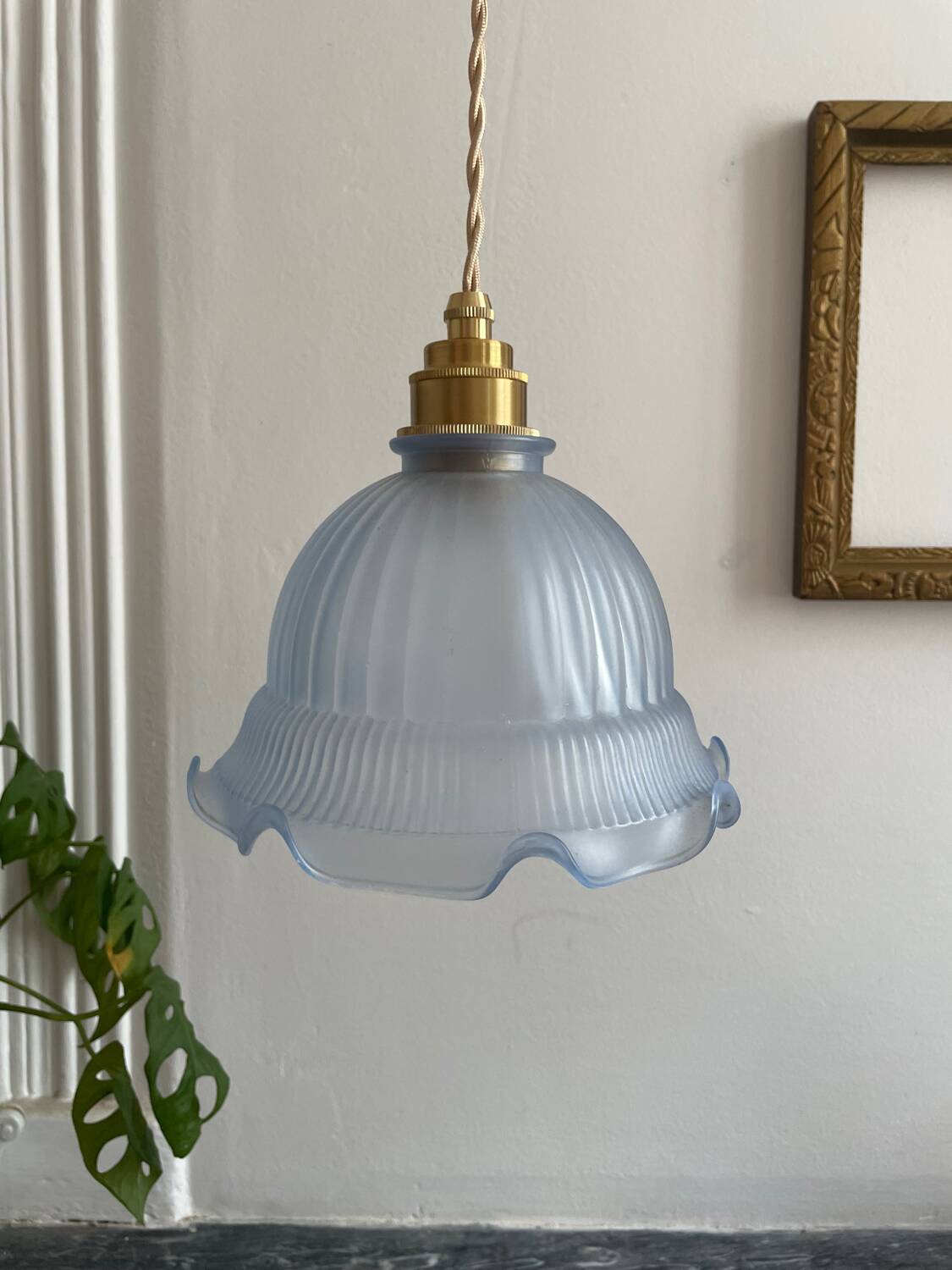 Vintage frosted blue glass pendant light