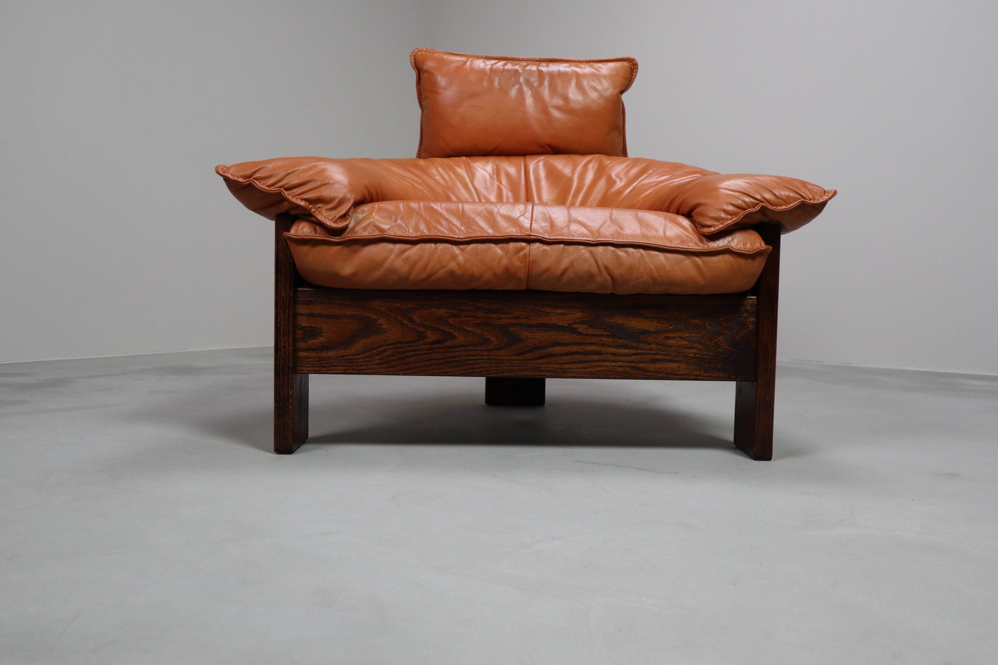 Vintage tripod lounge chair in leather, rattan and oak, Netherlands