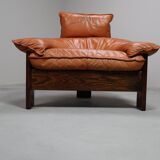 Vintage tripod lounge chair in leather, rattan and oak, Netherlands