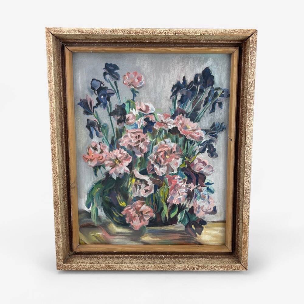 Pastel still life of iris and carnations