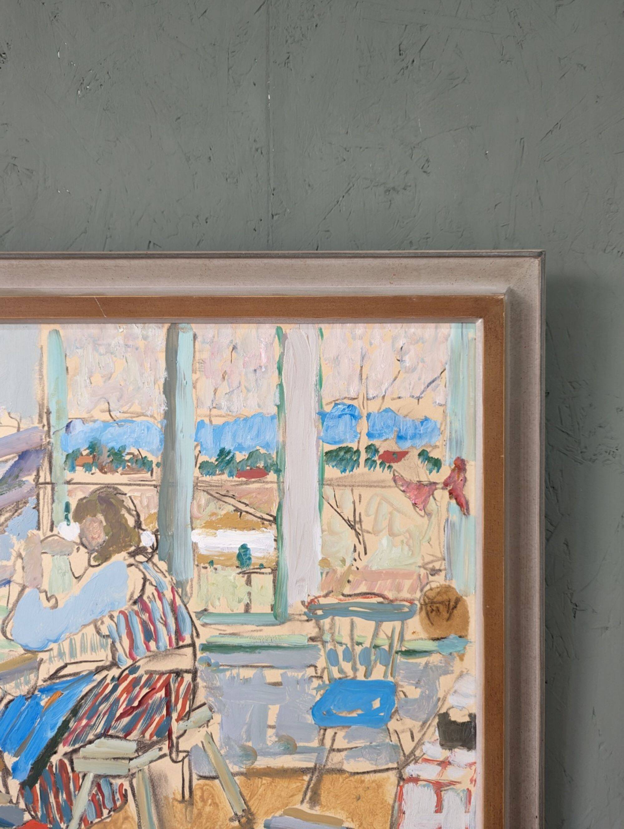 Mid-Century Modern "The Loom" Vintage Swedish Oil Painting, Figure in an Interior