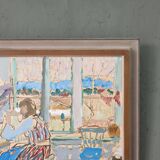 Peinture à l’huile suédoise vintage « The Loom » du milieu du siècle, figure dans un intérieur