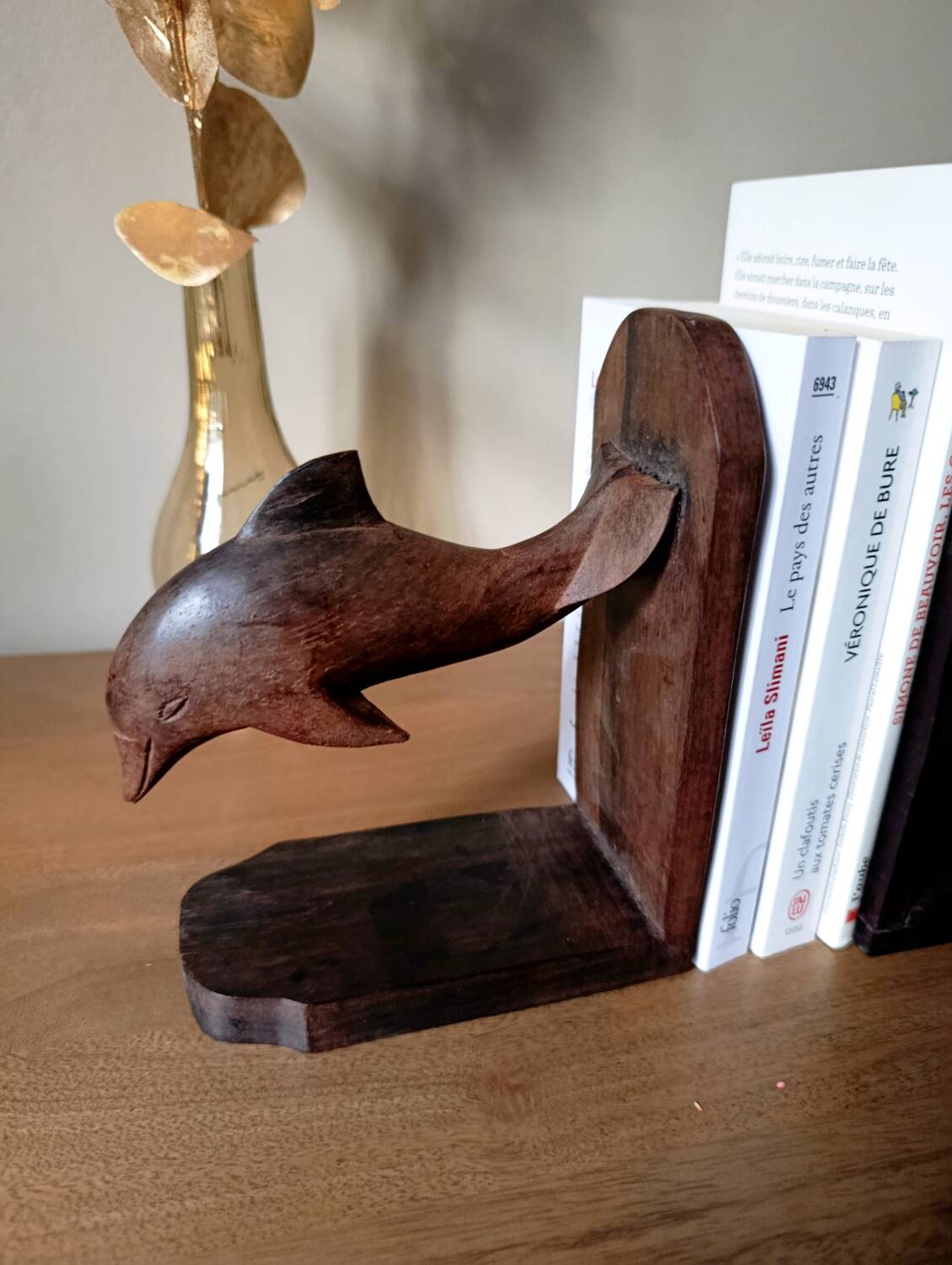 Wooden bookends in the shape of dolphins, vintage 1970.