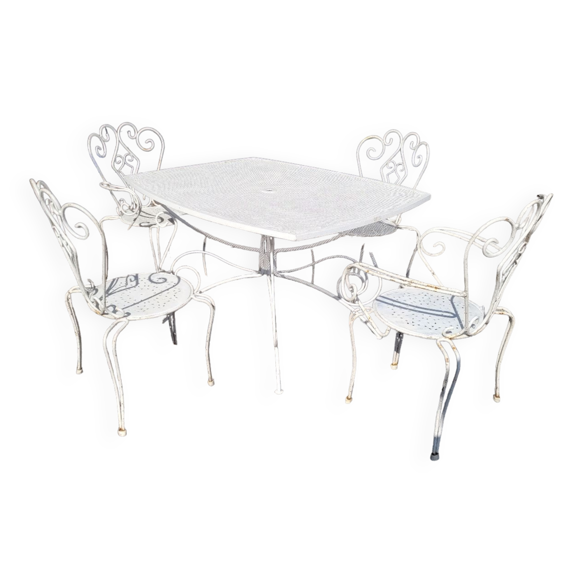 Old wrought iron garden furniture, table + 2 armchairs + 2 chairs