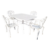 Old wrought iron garden furniture, table + 2 armchairs + 2 chairs