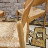4 chaises en paille dans le style Charlotte Perriand 1970 vintage