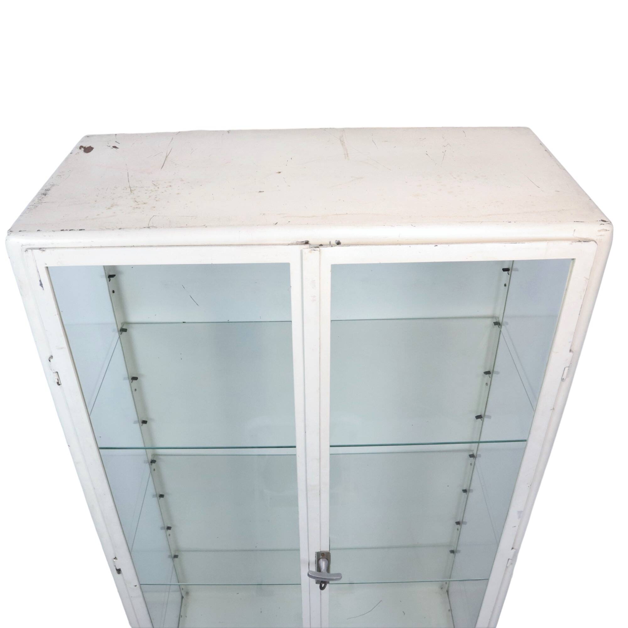 Old metal pharmacy cabinet medicine cupboard glass industrial 1950s