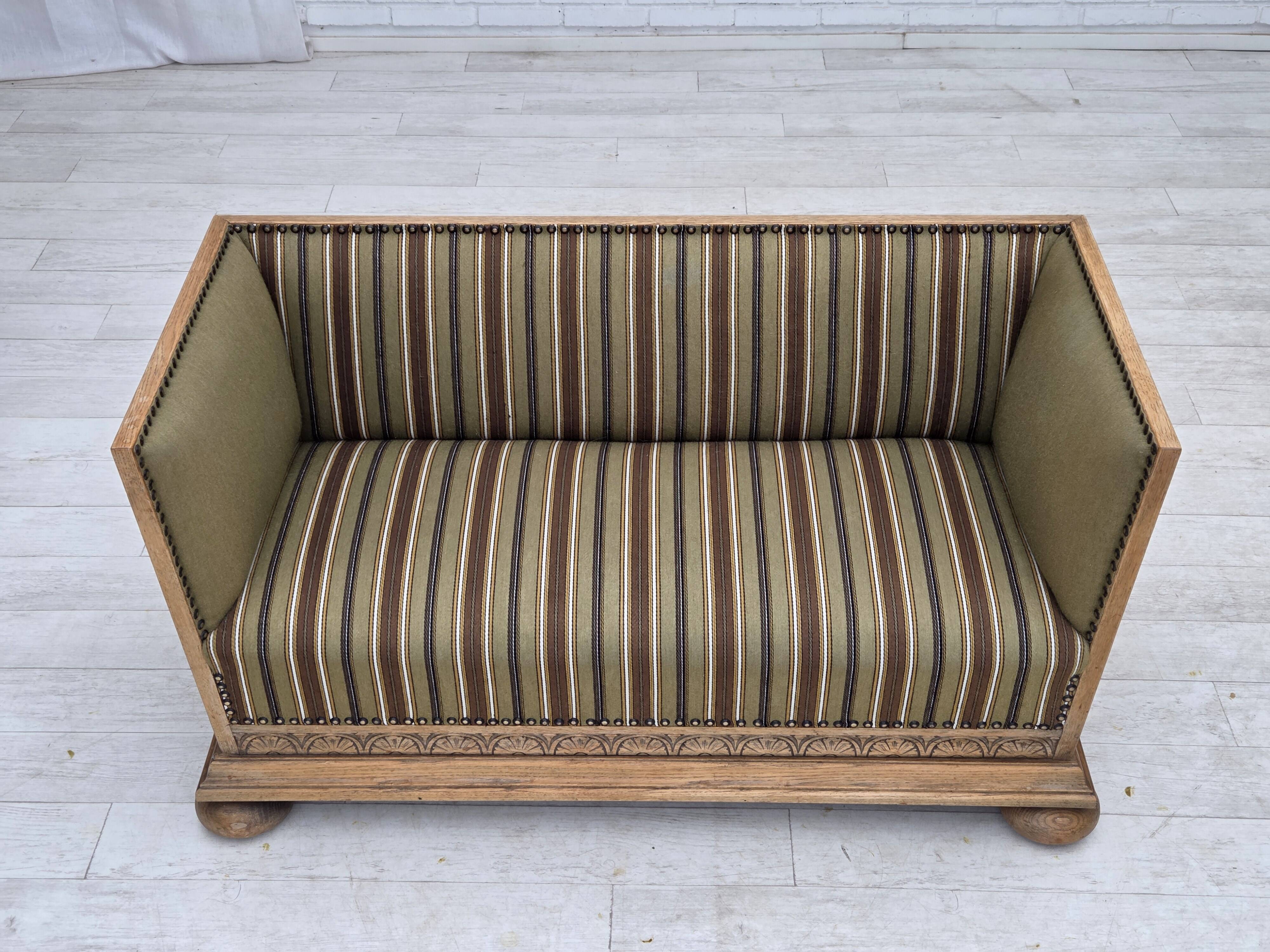 1950s, Danish 2-seater sofa, green furniture wool, oak wood.