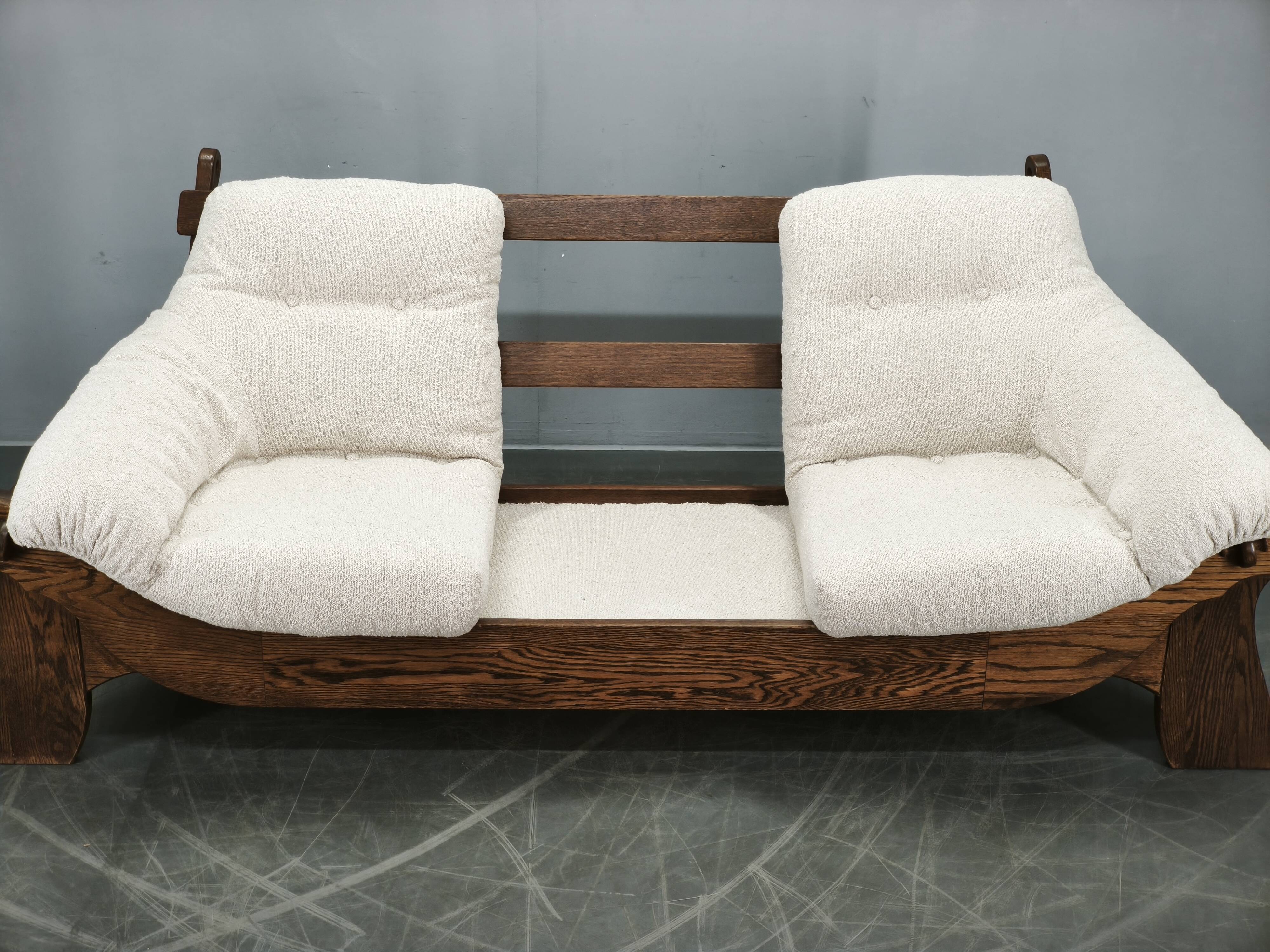 Brutalist Solid Oak and Bouclé Three-Seat Sofa, Czechoslovakia 1970s
