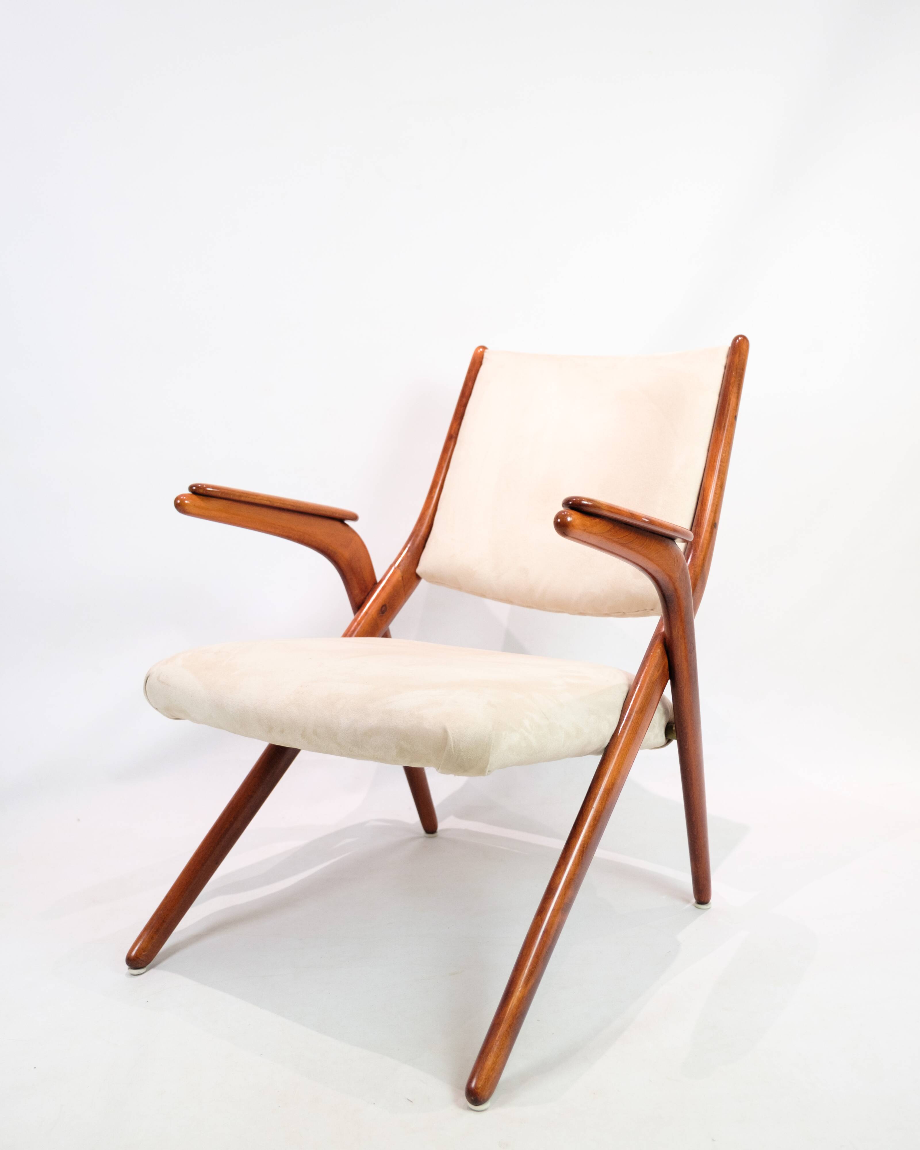 Armchair Made In Polished Dark Wood & Light Fabric By Arne Hovmand-Olsen From 1960s