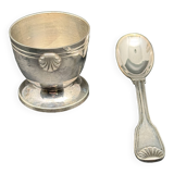 Duo of egg cup and its small white metal spoon (silverware) Ercuis
