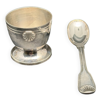 Duo of egg cup and its small white metal spoon (silverware) Ercuis