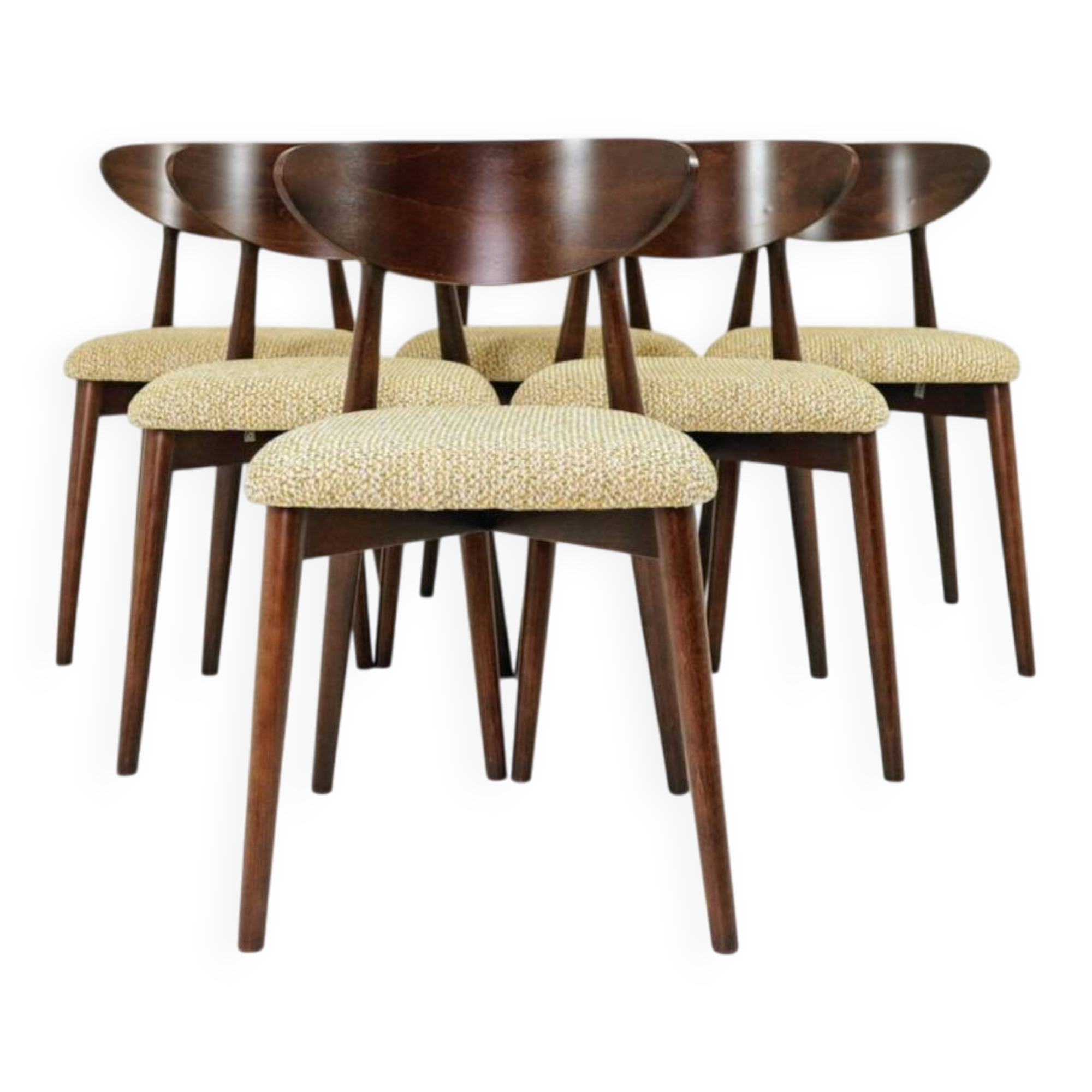 Set of 6 Dining Chairs, Light Beech Wood, Green Pattern  Fabric