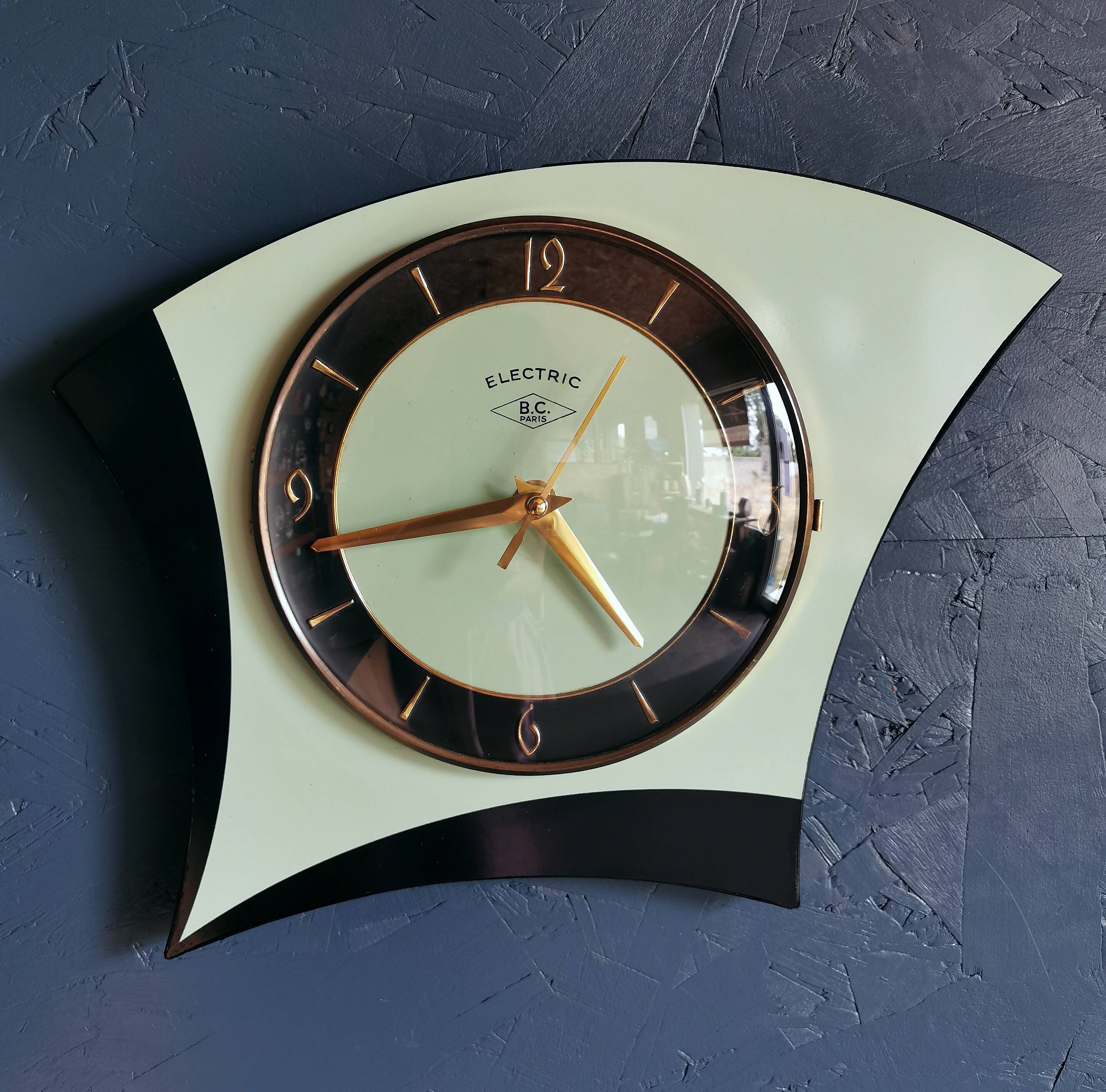 Vintage formica clock asymmetrical silent wall clock "BC Paris electric black green"