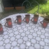 6 enamelled ceramic mugs, red and brown, Vallauris, vintage and designer