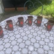 6 enamelled ceramic mugs, red and brown, Vallauris, vintage and designer