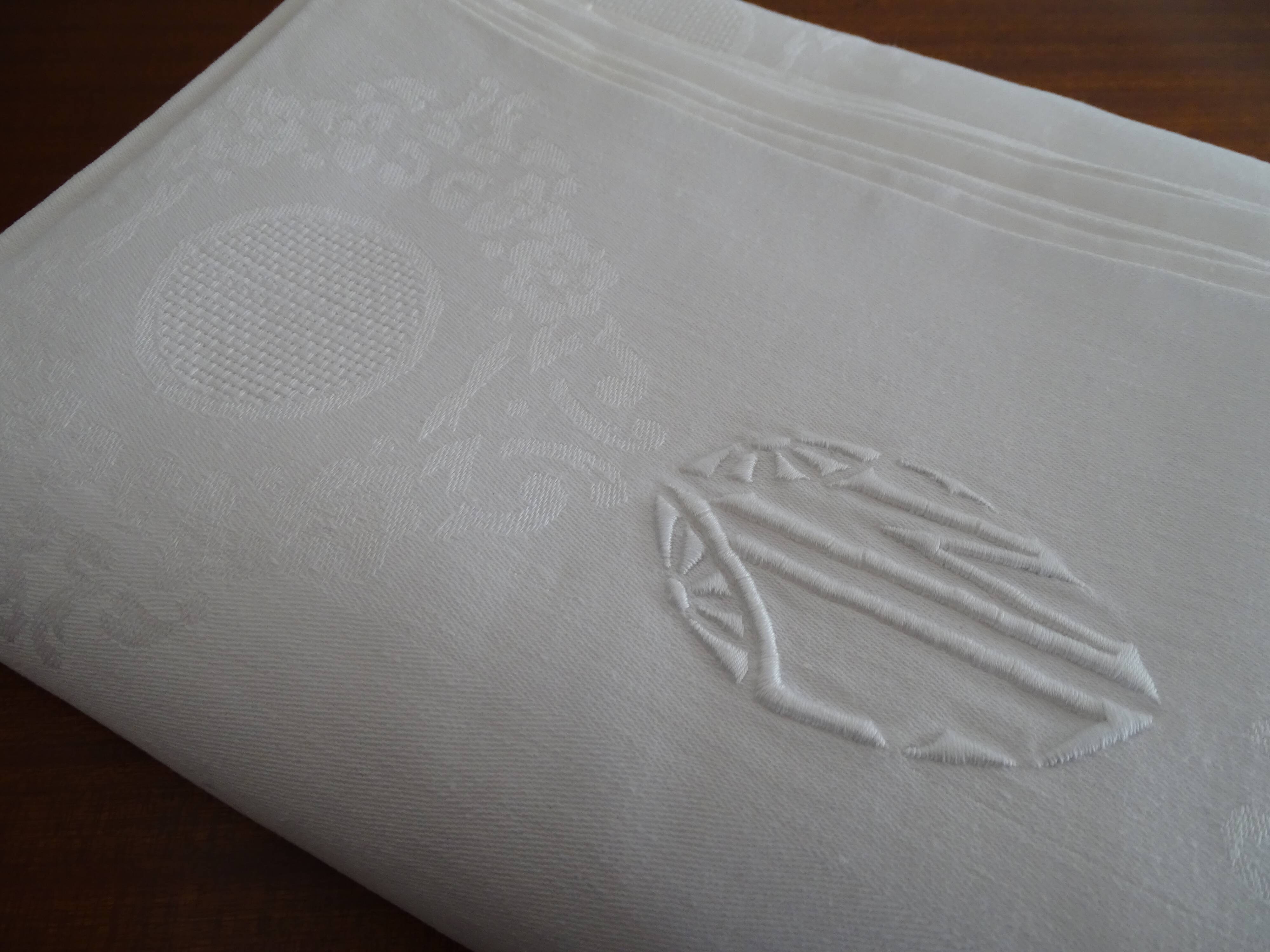 Art Deco damassed tablecloth and monogram 270 x 155