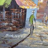 Painting by louis burnett, animated scene in paris, vintage 1950