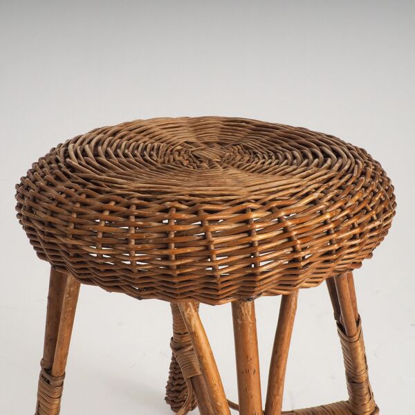 Tabouret vintage en rotin et osier – support de plante