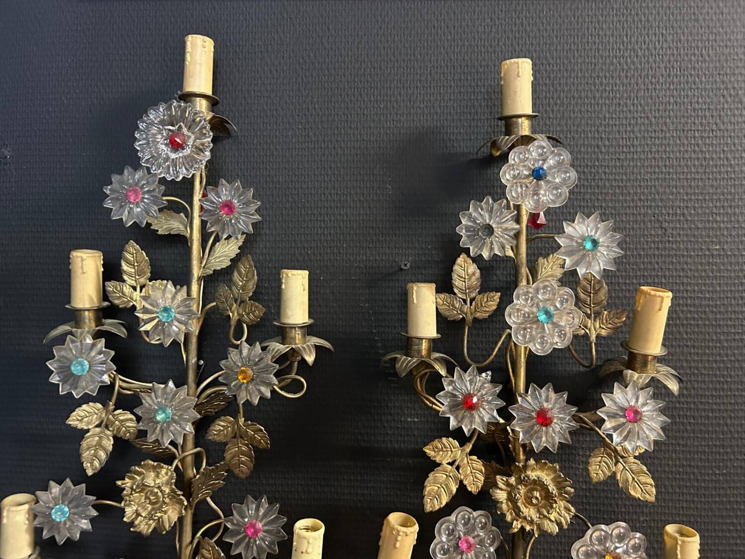 Important Pair of Church or Chapel Wall Lights in Gilded Brass and Glass, Late 19th Century, H 70 Cm