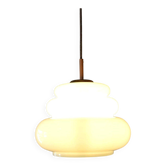 Vintage 1970s Restored Pendant Light, White Glass & Copper Ceiling Lamp