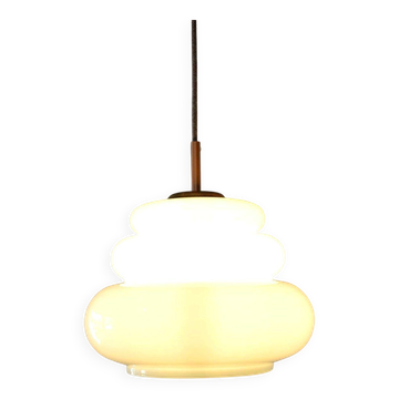 Lustre Rétro des Années 1970 Rénové, Lampe de Plafond en Verre Blanc et Cuivre