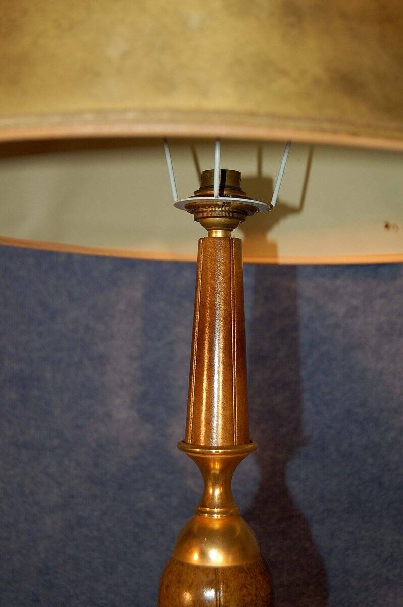 Gilt Brass and Leather Lamp from Le Tanneur, 1980's