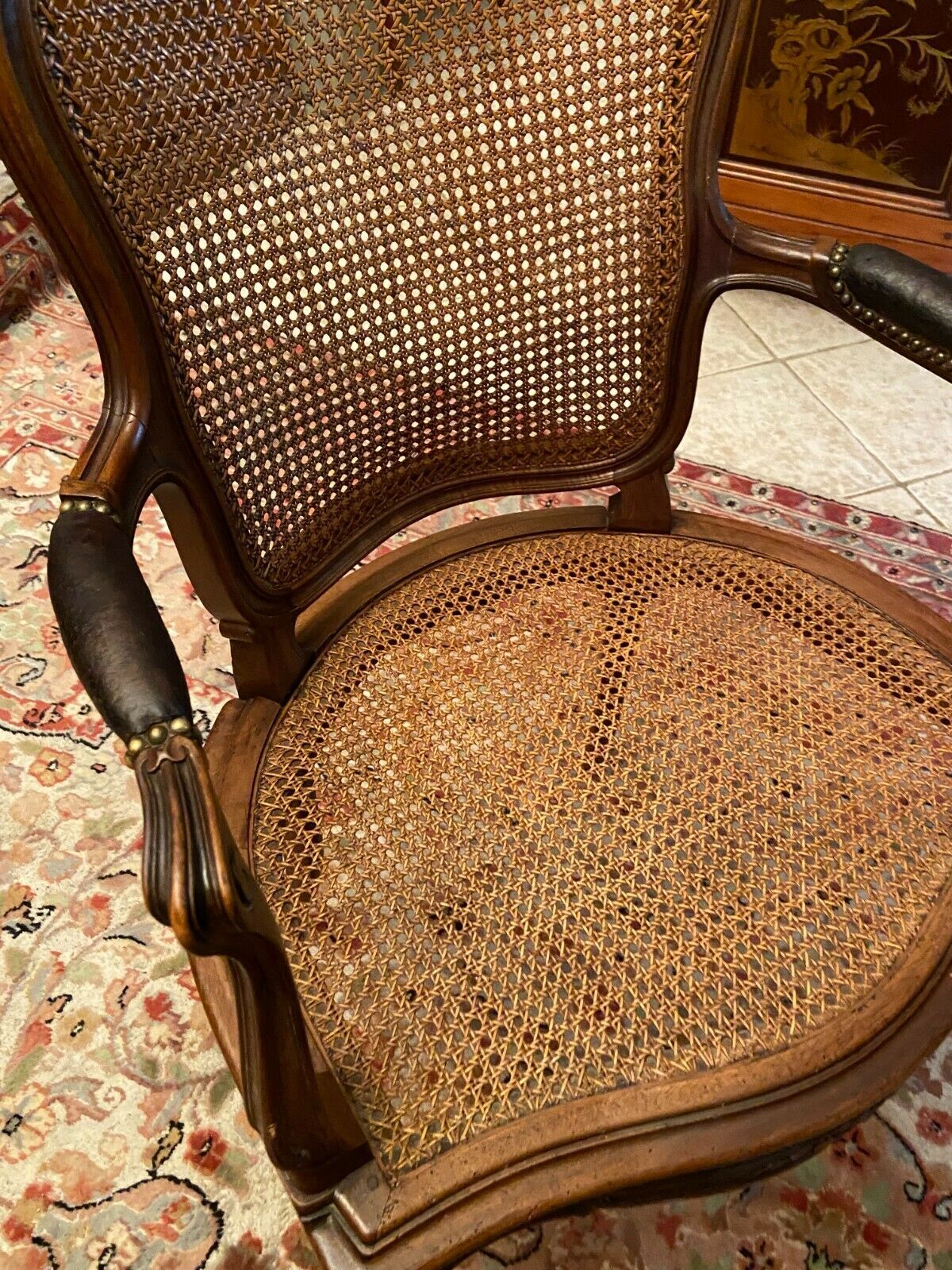 Solid walnut office chair seat and backrest caned Louis XV style