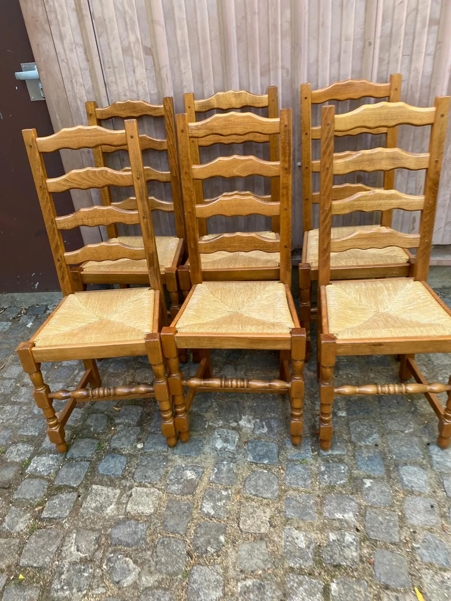 6 Rustic Oak and Straw Chairs — 1970s Country Style