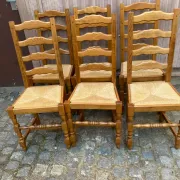 6 Rustic Oak and Straw Chairs — 1970s Country Style