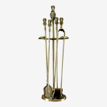 Serviteur, accessoires cheminée, bronze ciselé marqué et laiton, 5 pièces