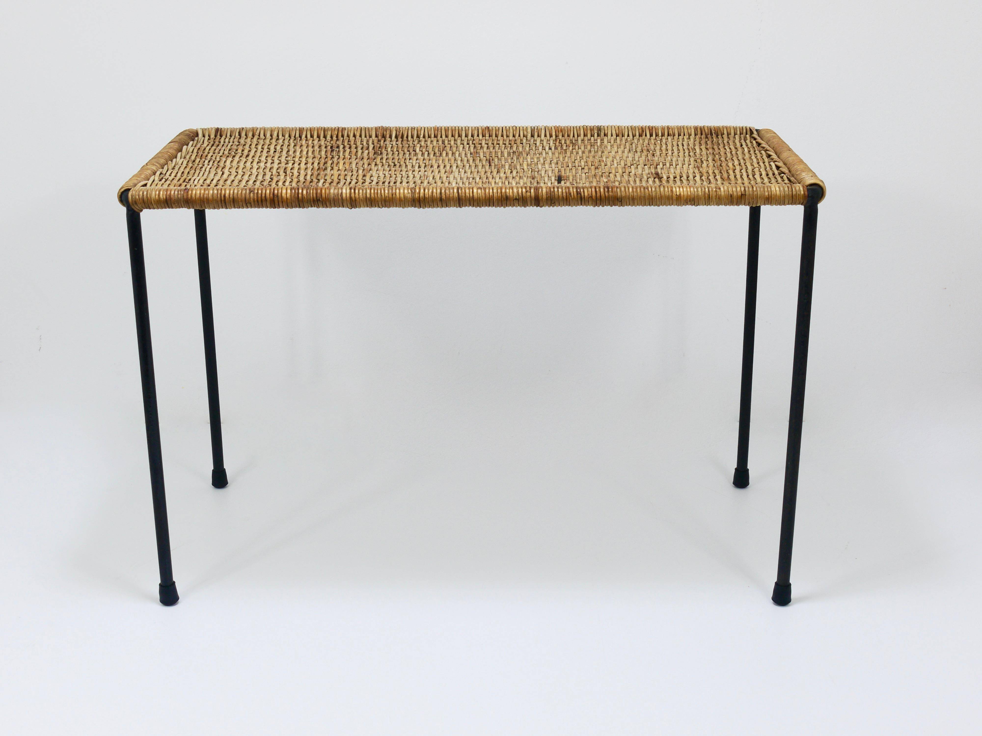 Long side table by Carl Aubock, flower bench, rattan, wicker, Austria, 1950s