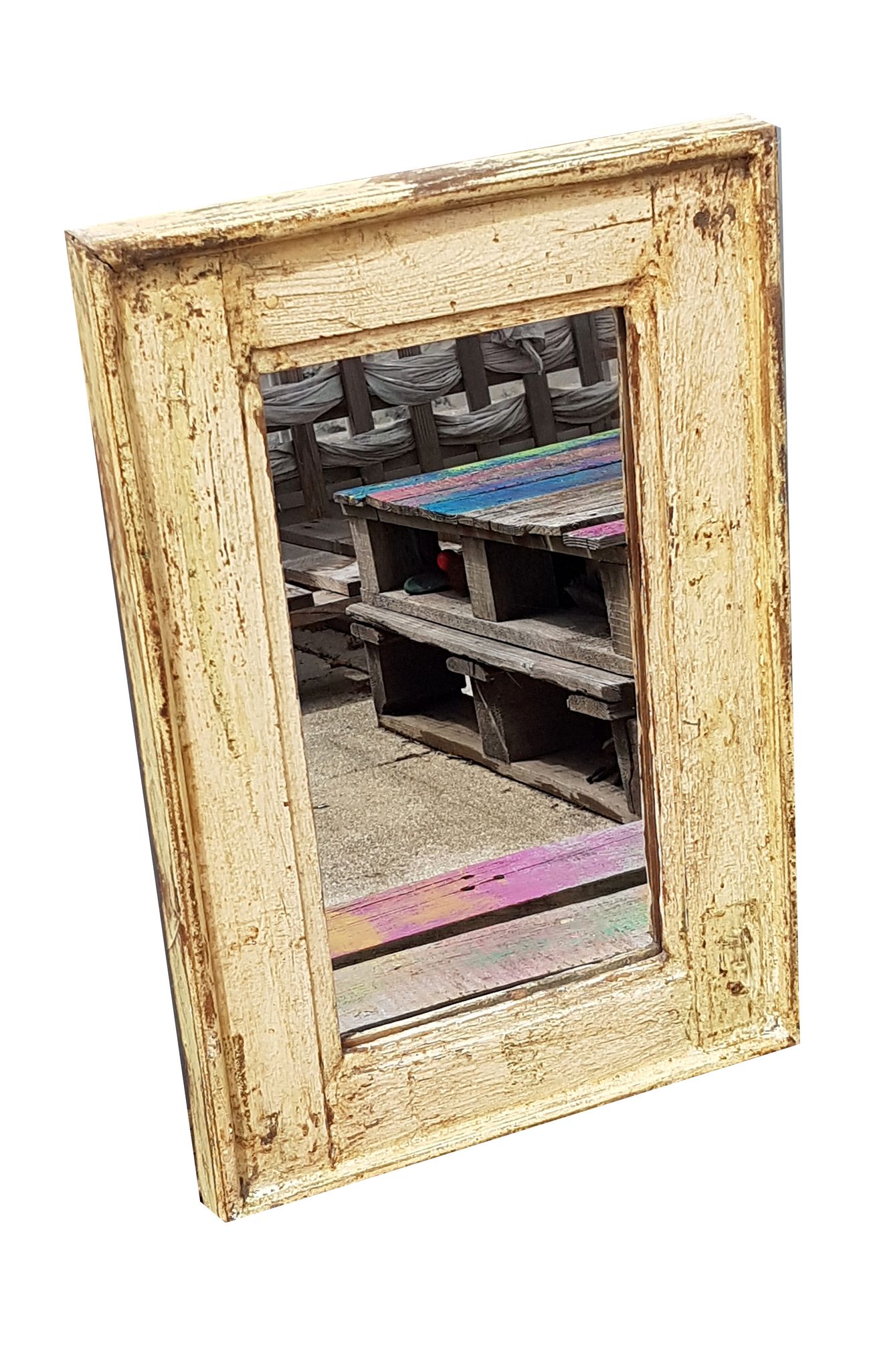 Miroir blanc casse bois vieux teck patine