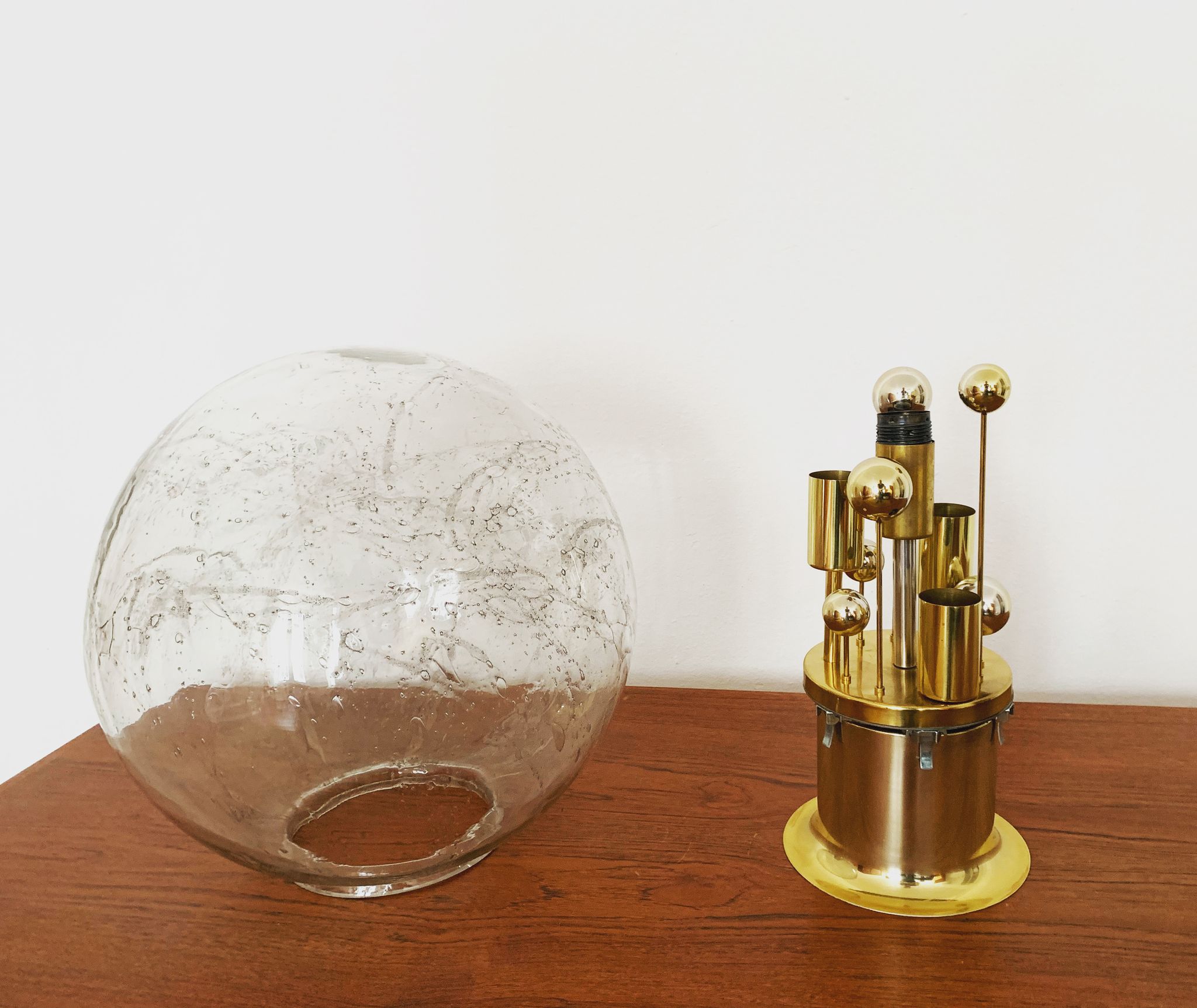Golden mid-century ice glass ceiling lamp by Doria