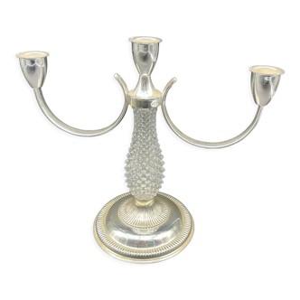 Vintage, candle holder, 3 lights, silver metal, glass, diamond tip, white, silver, goldsmith hallmarks