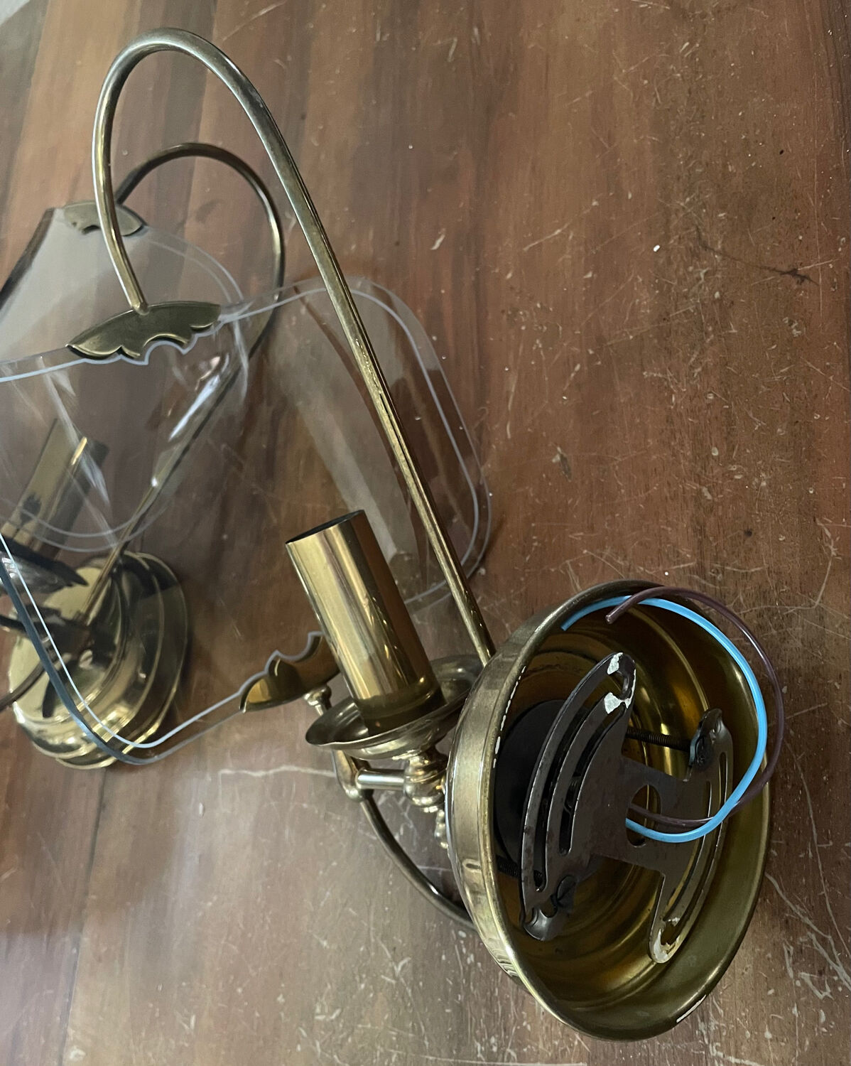 Pair of vintage brass and smoked glass wall lights